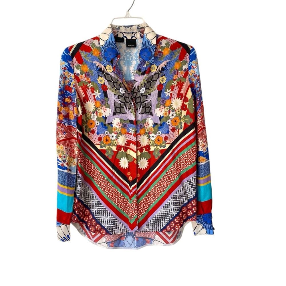 Pinko Casper Button Down Blouse size 2 Red Blue Print Long Sleeve - Picture 3 of 12